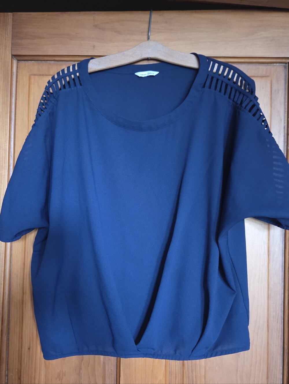 Naked Zebra Dark Navy Short Sleeve Top with Cutout Shoulder Detail
